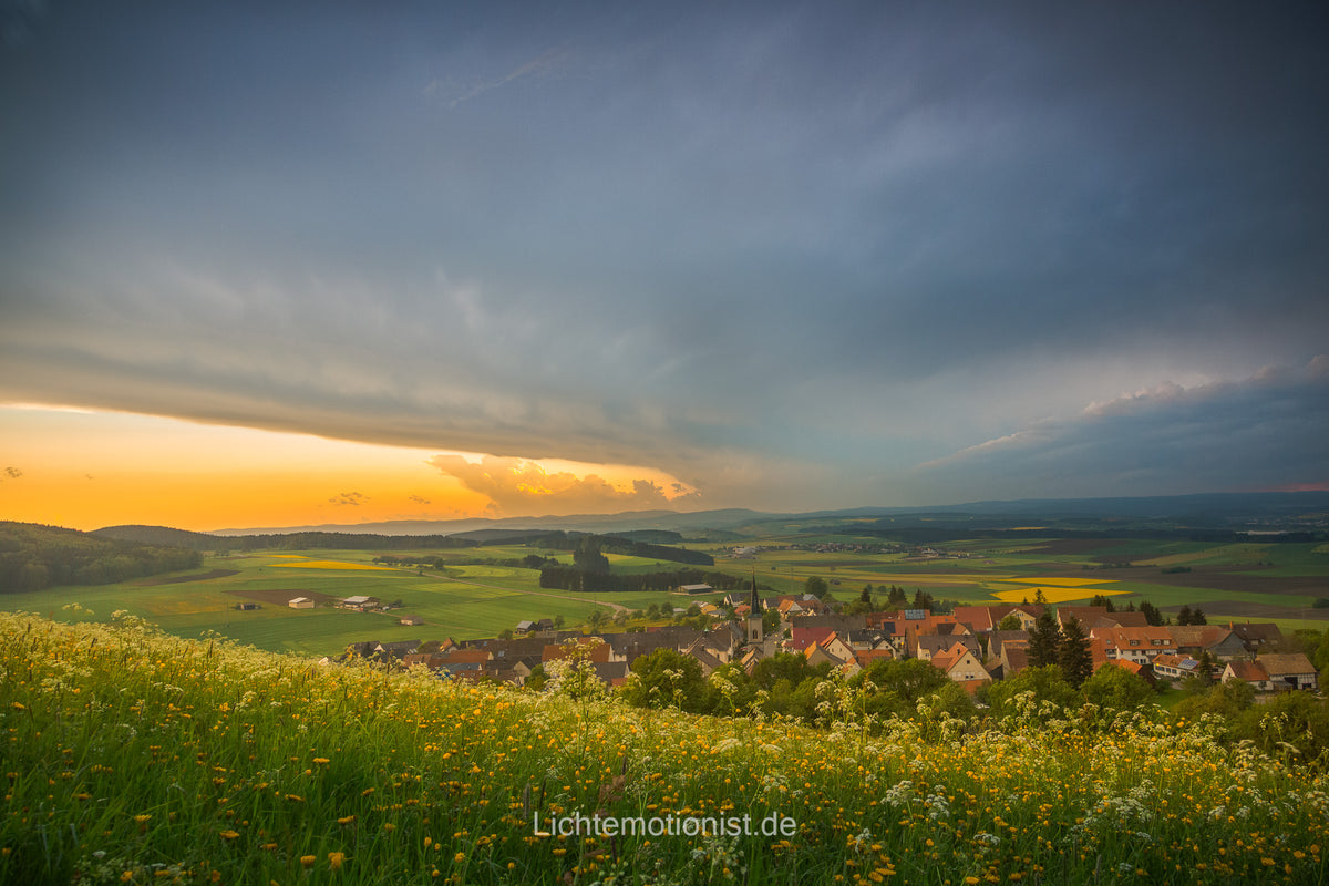 Rapsfelder und Dorf in der Weite